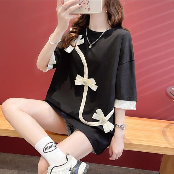 

t-shirt #0693 women t shirt summer chinese style bow loose long tshirt oneck cotton short sleeve t shirt female black white pink