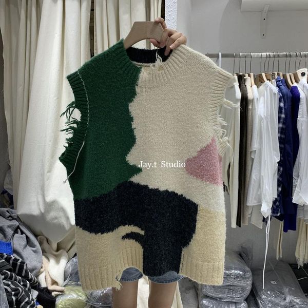 

vests pullover knitted wool o neck autumn and winter koreanstyle loose all match contrasting color sweater vest women, Black;white