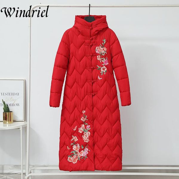 

leather winter coat women 2021 winter new hooded ladies coat long parkas oversize jacket female embroidery padded clothing windriel, Black