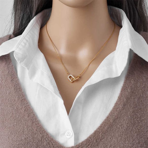 

double-ring horseshoe buckle titanium steel necklace light luxury fashion ins-style collarbone chain high beauty gold plated pendant t neck, Black