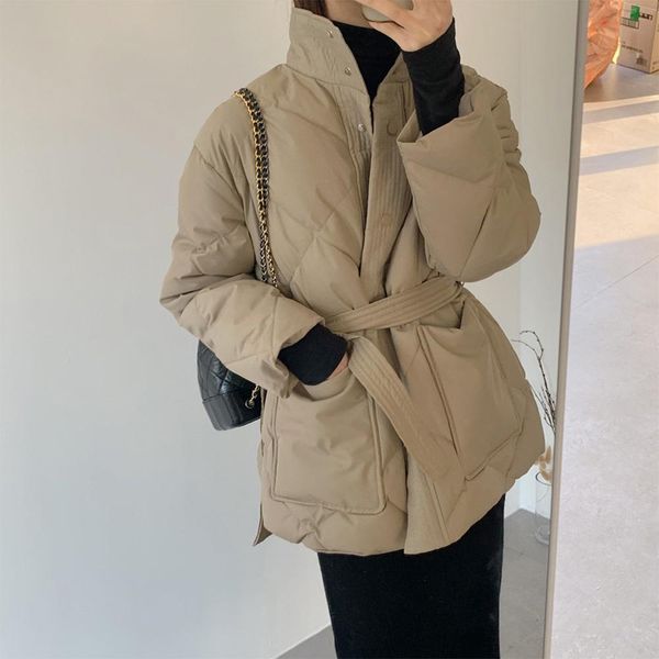 

leather winter thick warm cotton coat allmatch high collar singlebreasted zipper lace winter coat high collar 2021 women jacket coat, Black