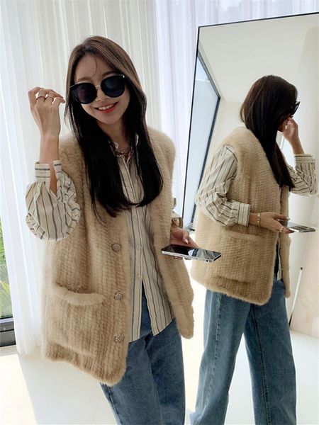 

fur 2021 new winter women mink knitted vest coat, Black