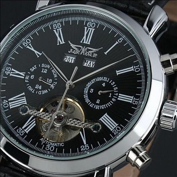 

new fashion luxury jaragar brand mechanical men watches tourbillon automatic complete calendar dial genuine leather relogio3201, Slivery;brown