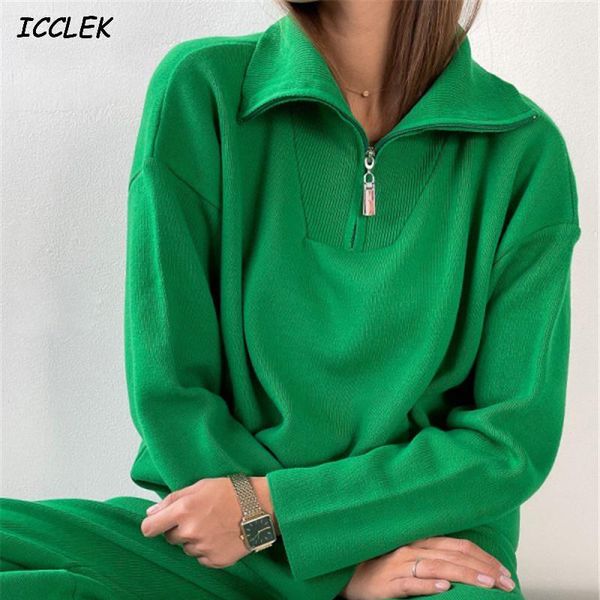 

pants women's tracksuit green knitted suit two piece set women polo collar sweatshirt trouser suits spring knitting casual sportswear, White