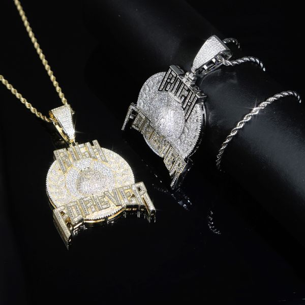 

bling cz letter pendant iced out prong setting rich forever pendants necklace for men gold plated hip hop jewelry, Silver