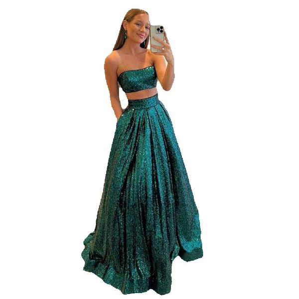

green prom dresses two pieces glitter sequined party 2023 a-line strapless floor length women evening gowns robe de soiree, Black