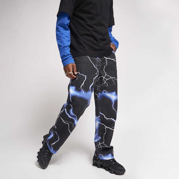 

men's jeans estilo vibe relmpago impresso tie dye men calas de brim retas hiphop vintage harajuku denim calas high street blitz j230420, Blue