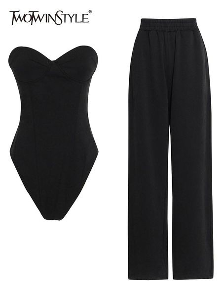 

pants twotwinstyle black solid color two piece set for women off shoulder vest high waist pants female sets 2022 spring new, White