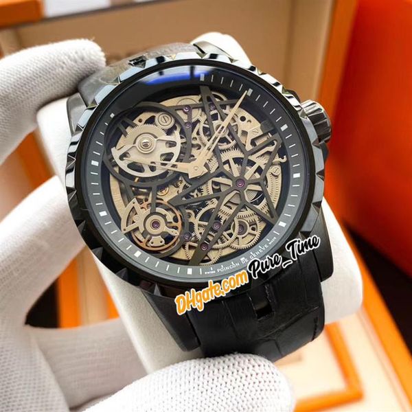

new excalibur 46 rddbex0508 rd820sq automatic mens watch pvd black steel case black inner skeleton dial leather sport watches pure249r, Slivery;brown