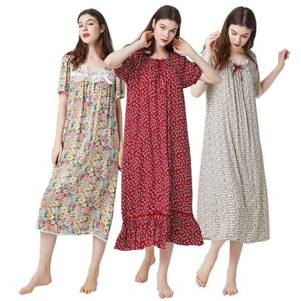 

women's sleepwear women's short-sleeved sleeping dress cotton sleepwear long loose floral printed nightdress nightwear comfy home, Black;red