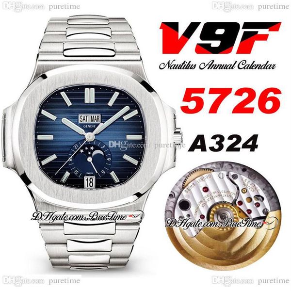 

v9f 5726 annual calendar a324 automatic mens watch d-blue textured dial moon phase stainless steel bracelet super edition puretime221z, Slivery;brown
