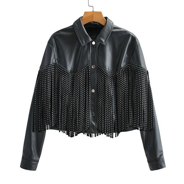 

jackets ftlzz autumn winter tassel rivet faux leather short jackets women loose moto bike soft pu leather coat single breasted outwear, Black;brown