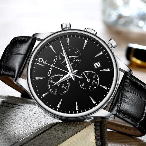 

mens watches crrju luxury casual waterproof watch for man sport quartz leather strap men's auto date watch relogio masculino233d, Slivery;brown