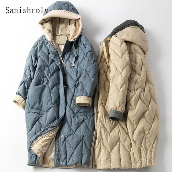 

parkas sanishroly 2020 women knitted patchwork hooded coat warm thicken white duck down jacket parka female long winter outwears se1030, Black