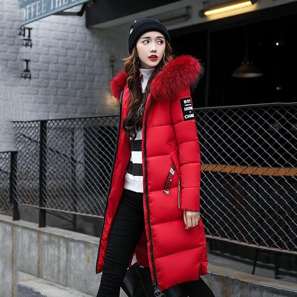 

leather 2022 fashion winter womens down jackets cotton parka fur collar hooded long coat new zipper casual warm slim female outwea, Black