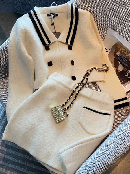 

two piece dress short cardigan double breasted jacket elegant winter woolen coat hip mini skirt pocket two piece sets dress suits knitwear 2, White