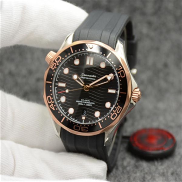 

42mm automatic outdoor mens watches watch gold case and markers black dial with black rubber band rotatable bezel and transparent 279x, Slivery;brown