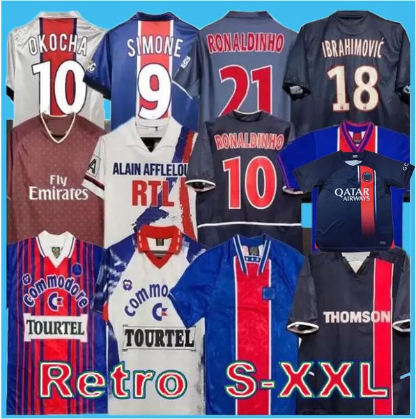 

retro psgs soccer jersey ibrahimovic football kits 93 94 95 96 okocha leroy adailton 98 99 00 01 02 03 90 92 classic rai anelka ronaldinho 2, Black;yellow