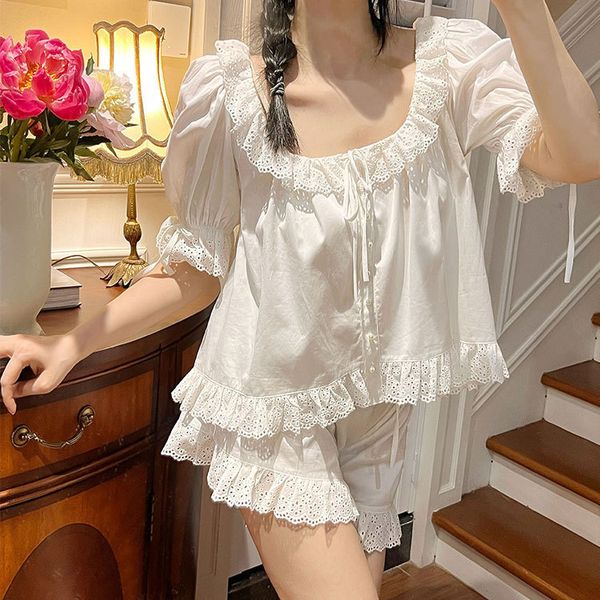 

women's sleepwear kawaii women nightwear pearl button pajama sets shorts.vintage ladies girl big neckline lace pyjamas set cotton sleep, Black;red