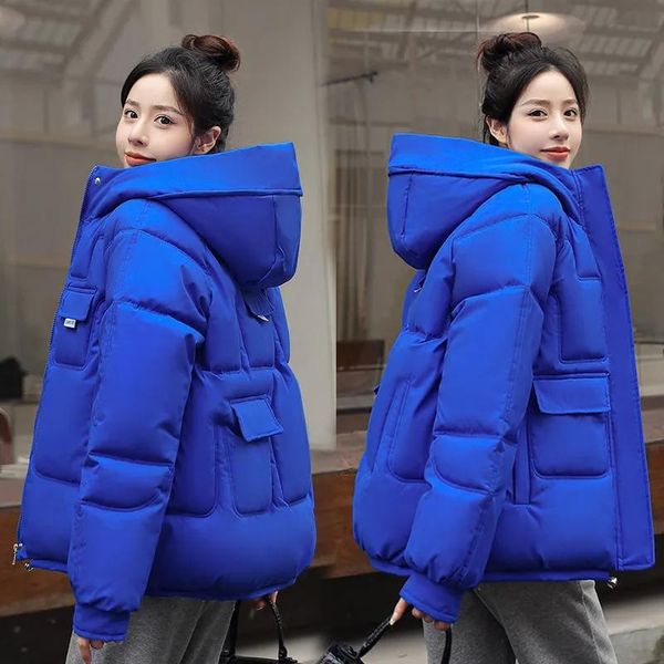 

leather multipocket hooded down cotton jackets 2022 women's winter coat korean loose thicken warm parkas outwear female padded clothes, Black