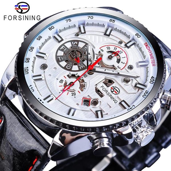 

forsining brand men sport mechanical watches automatic white big 3 sub dial date military genuine polish leather wristwatch gift282d, Slivery;brown