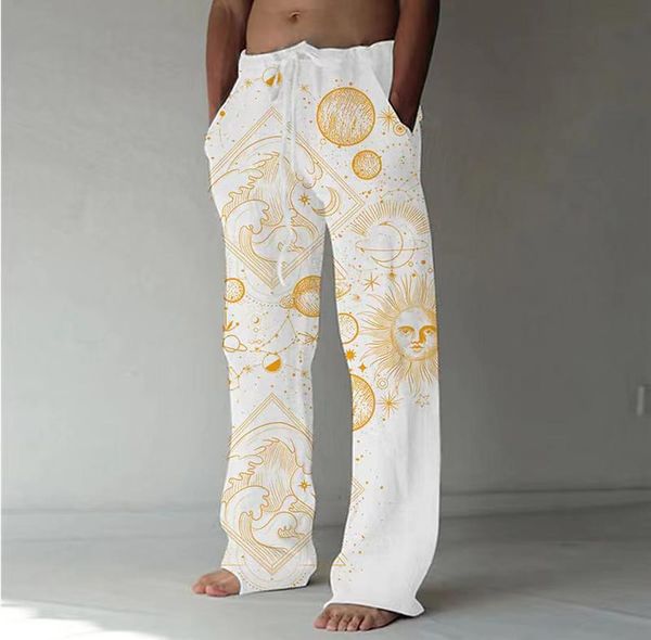 

pants men linen long pants casual pocket wide leg pant full length drawstring man sport pants vintage print loose pants streetwear, Black