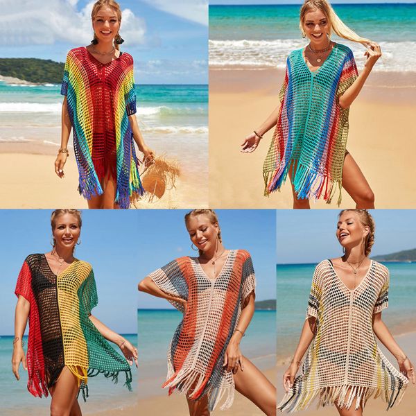 

women casual dresses rainbow hollow beach cover shirt beach vacation bikini cover shirt swimwear overlay sun shield summer evening party bea, Black;gray