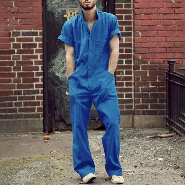 

mens tracksuits jumpsuit streetwear short sleeve basic work coverall loose cargo overalls solid color casual joggers pants 230420, Gray