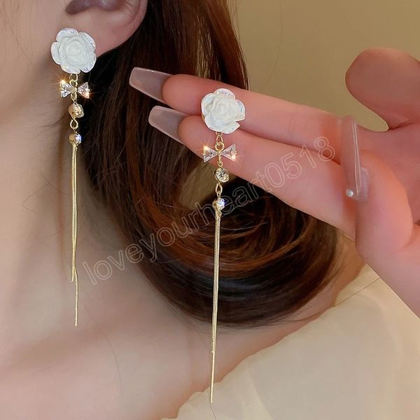 

bowknot flower tassel earrings for women korea long zircon simple minimalist drop earring female fashion jewelry, Silver