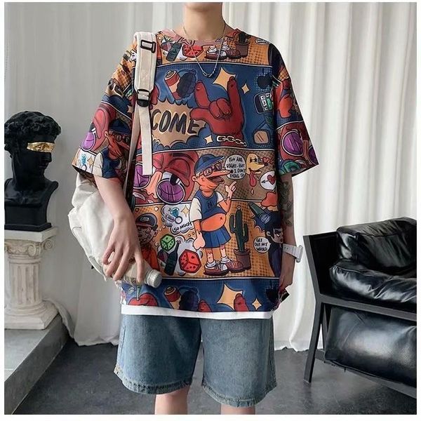 

men s t shirts summer short sleeved t shirt men s cartoon printing trend loose hip hop high street student half sleeved 230421, White;black