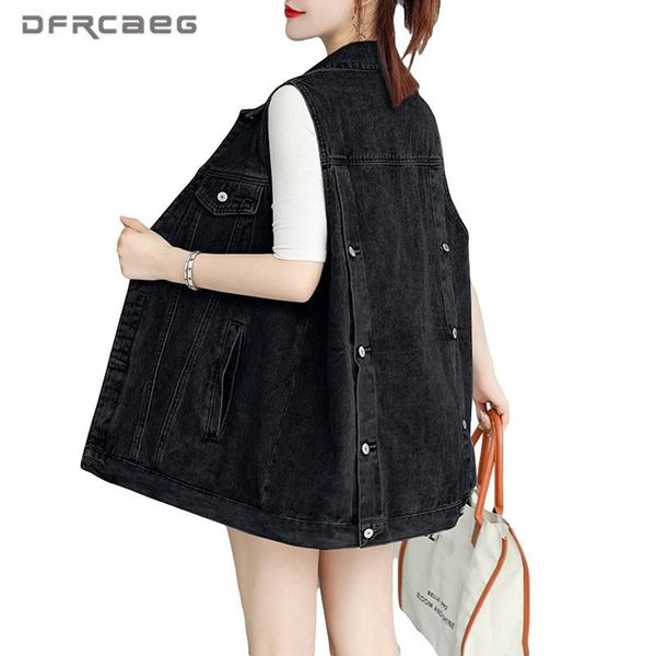 

vests oversized vintage women vest summer 2021 loose washed jeans waistcoat outerwear streetwear back button sleeveless denim jacket, Black;white