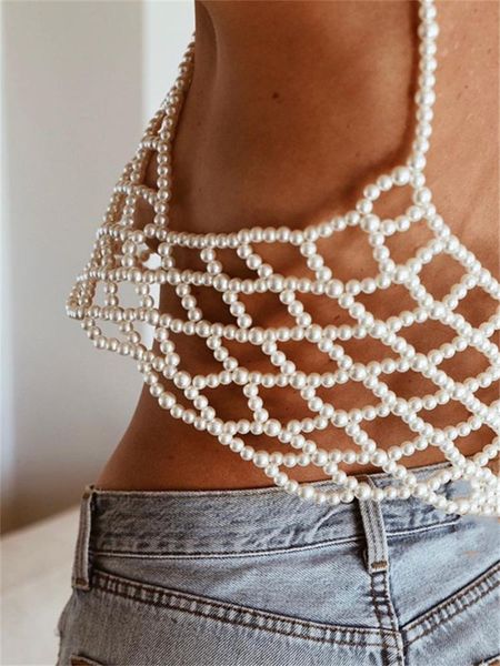 

t-shirt chronstyle pearls patchwork high street tube deep v neck women bustiers cropped hollow out backless cover up tank vest, White