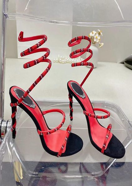 

stiletto heel sandals rene caovilla cleo crystal studded snake strass ankle wraparound dress shoes designers 95cm high heeled rhi8414664, Black