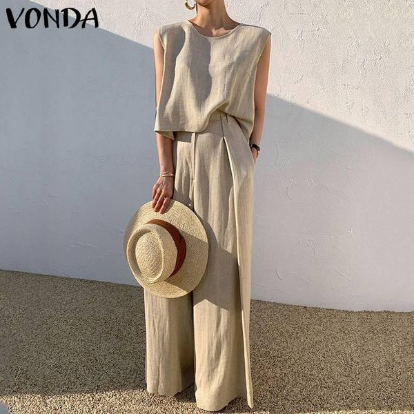 

pants vonda fashion women palazzo pant sets de mujer crew neck tank and wide leg long trousers summer sleeveless suits solid 2pcs, White