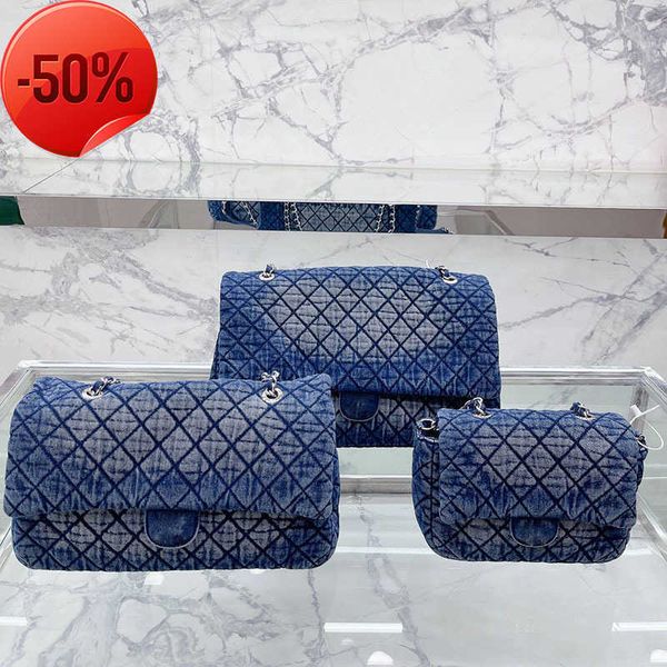 

channel denim blue cc flap bag luxury designer women shoulder handbag tote shopping crossbody vintage embroidery print three models silver h