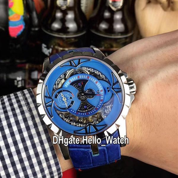 

new excalibur 46 steel case rddbex0571 automatic mens watch blue skeleton dial blue leather strap gents watches hello watch rd-e19221j, Slivery;brown