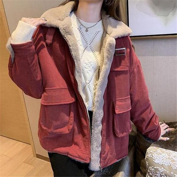 

leather women's cotton coat parker new 2022 autumn winter corduroy jacket korean lambswool thickened keep warm overcoat tooling female, Black