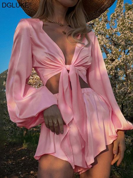 

dress pink satin two piece set women summer holiday outfits long sleeve crop and shorts skirts 2 piece co ord set, White