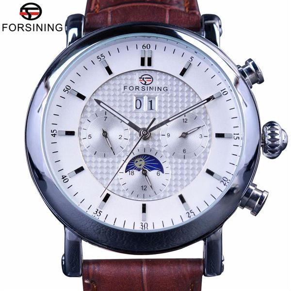 

forsining fashion tourbillion design white dial moon phase calendar display mens watches brand luxury automatic watch clock2803, Slivery;brown