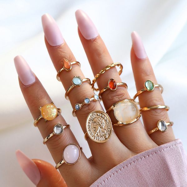 

s3607 retro baroque embedded relief knuckle ring set for women jelly color stacking rings midi rings sets 12pcs/set, Silver