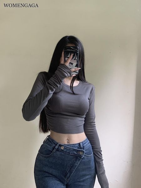 

t-shirt womengaga spice girl solid color tshirt women high waist thin short tight long sleeve tees korean women 2022 e8mu, White