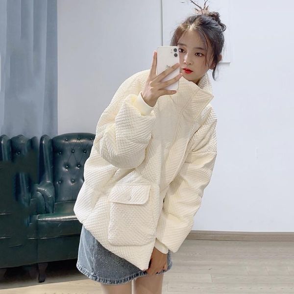 

leather winter short parkas mujer women loose stand collar zipper casual jacket and coats female puffer bubble coat warm outerwear, Black