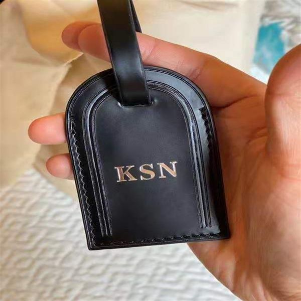 

2021 luggage tags travel stamp accessories suitcase personalized custom initial business bag label tanned leather 222b, Black