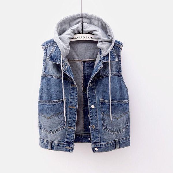 

vests denim vest women's 2021 spring autumn korean hooded short denim jeans vest jacket female big pocket waistcoats cowboy coat, Black;white