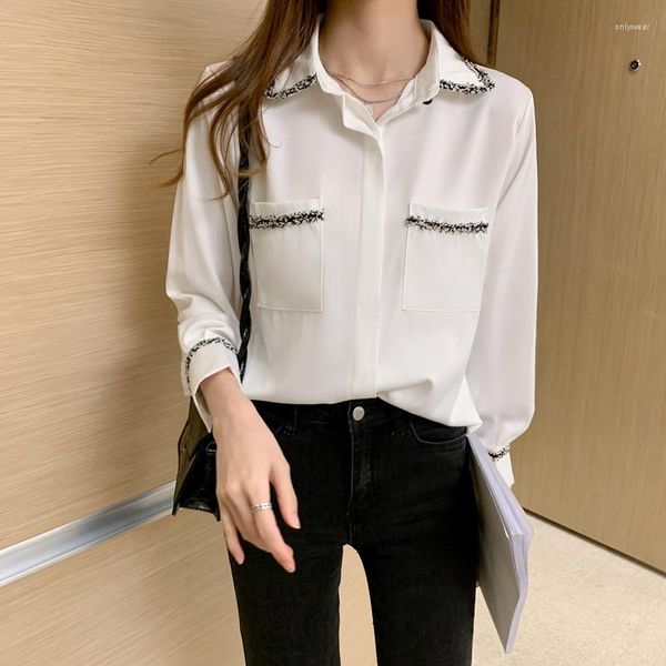 

Women' Blouses #2033 Spring Black White Chiffon Shirts Blouse Women Casual Office Long Sleeve Korean Style Loose Womens Tops And
