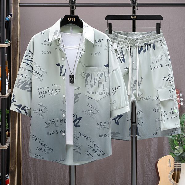 

men's tracksuits summer men's sets korean fashion graffiti graphics shirtsshorts suits men casual men clothing trend 2 piece set t, Gray