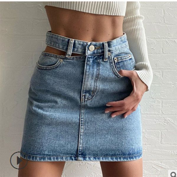 

skirts hollow button zipper mini aline skirt ladies clothing female night club wear womens high waist denim party 230420, Black