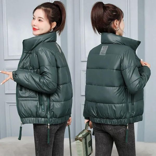 

leather autumn winter jacket women 2021 fashion stand collar coat female jackets lady parkas short glossy down cotton warm outwear, Black