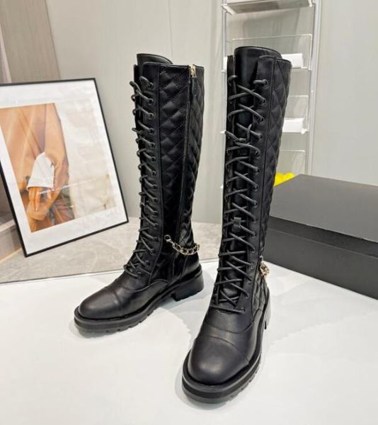 

latest ladies long boots low heel round toe front laceup diamond leather face with chain decorative dress casual banquet work siz1804598, Black