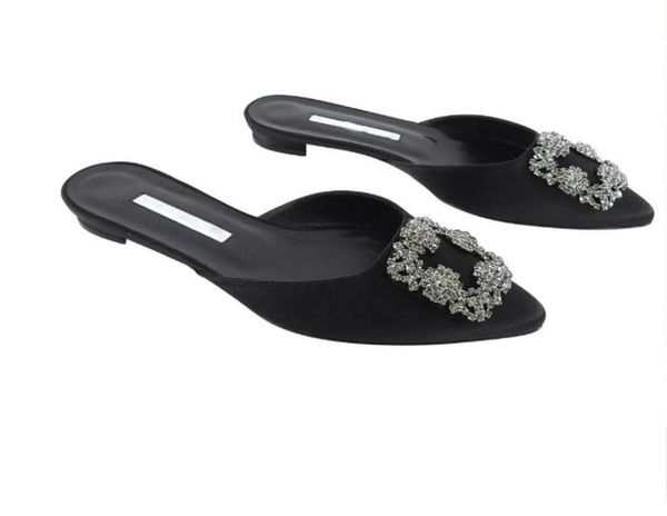 

fashion summer white hangisi sandals black satin jewel mule flat shoes women crystal buckle embellished pumps party wedding dress 1742876